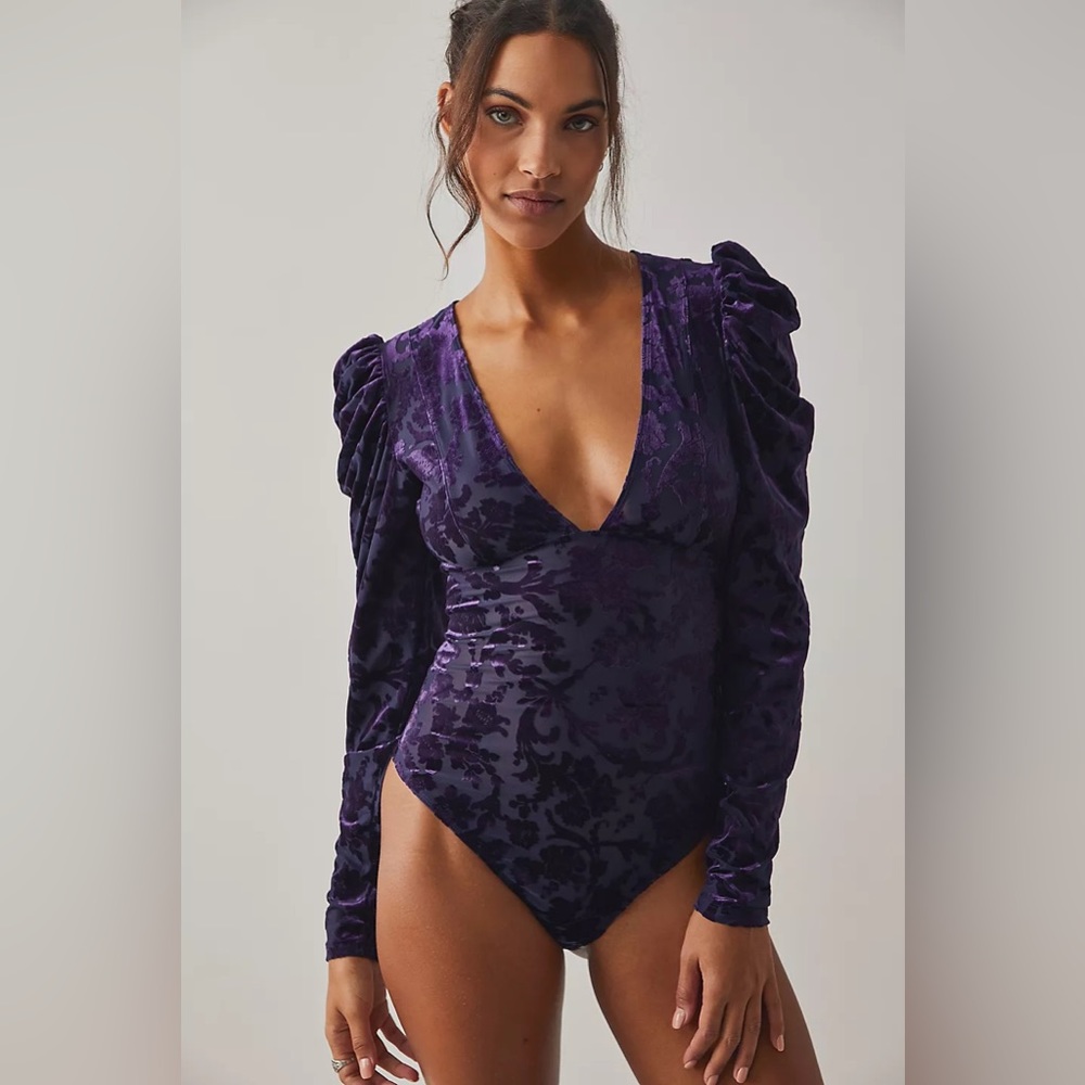 NEW Free People Magic Hour Bodysuit V-Neck Puff Long Sleeve Purple